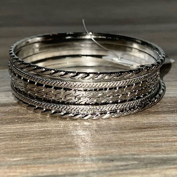 Bangle Stack Set 6 Etched Bracelet Silver Tone Alternating Width Sparkle Classic - Picture 1 of 7